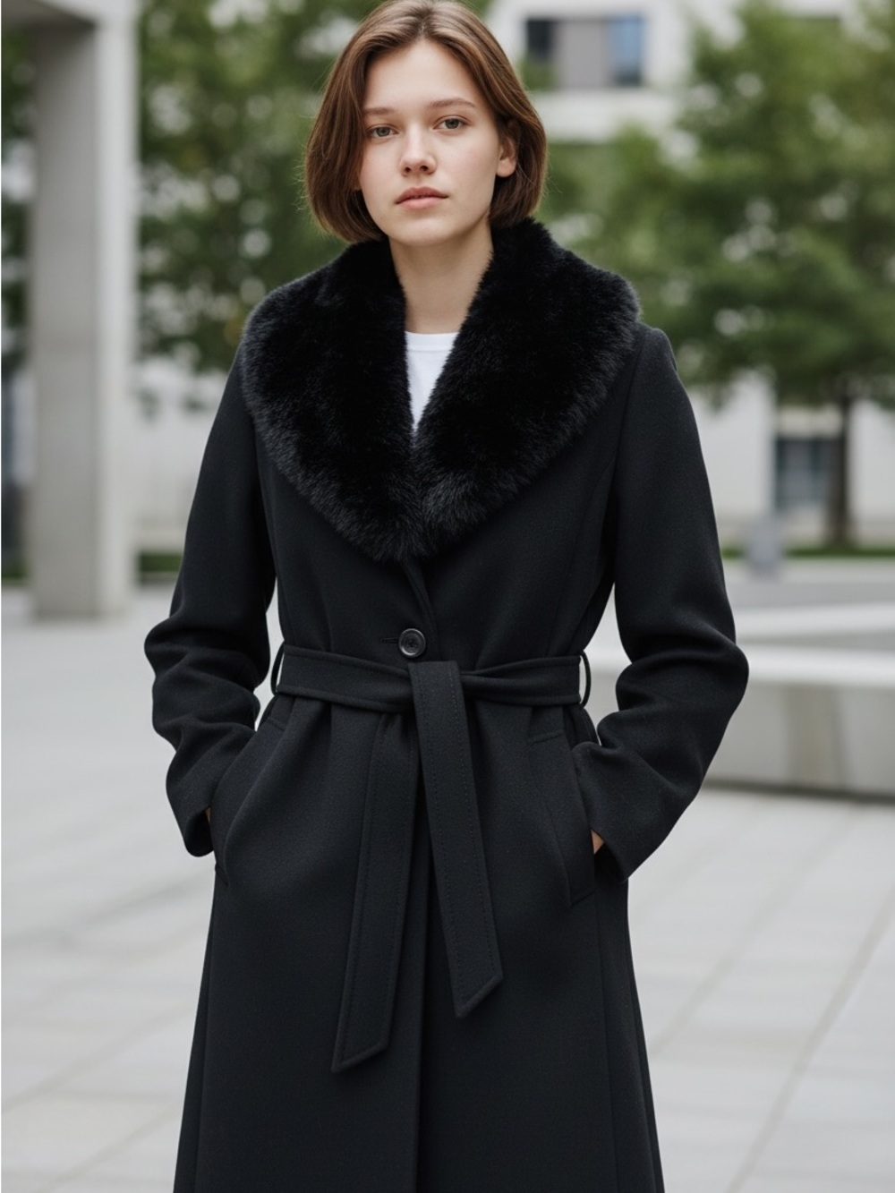 kate spade Black Belted Coat with Detachable Faux Fur Shawl Collar-XL